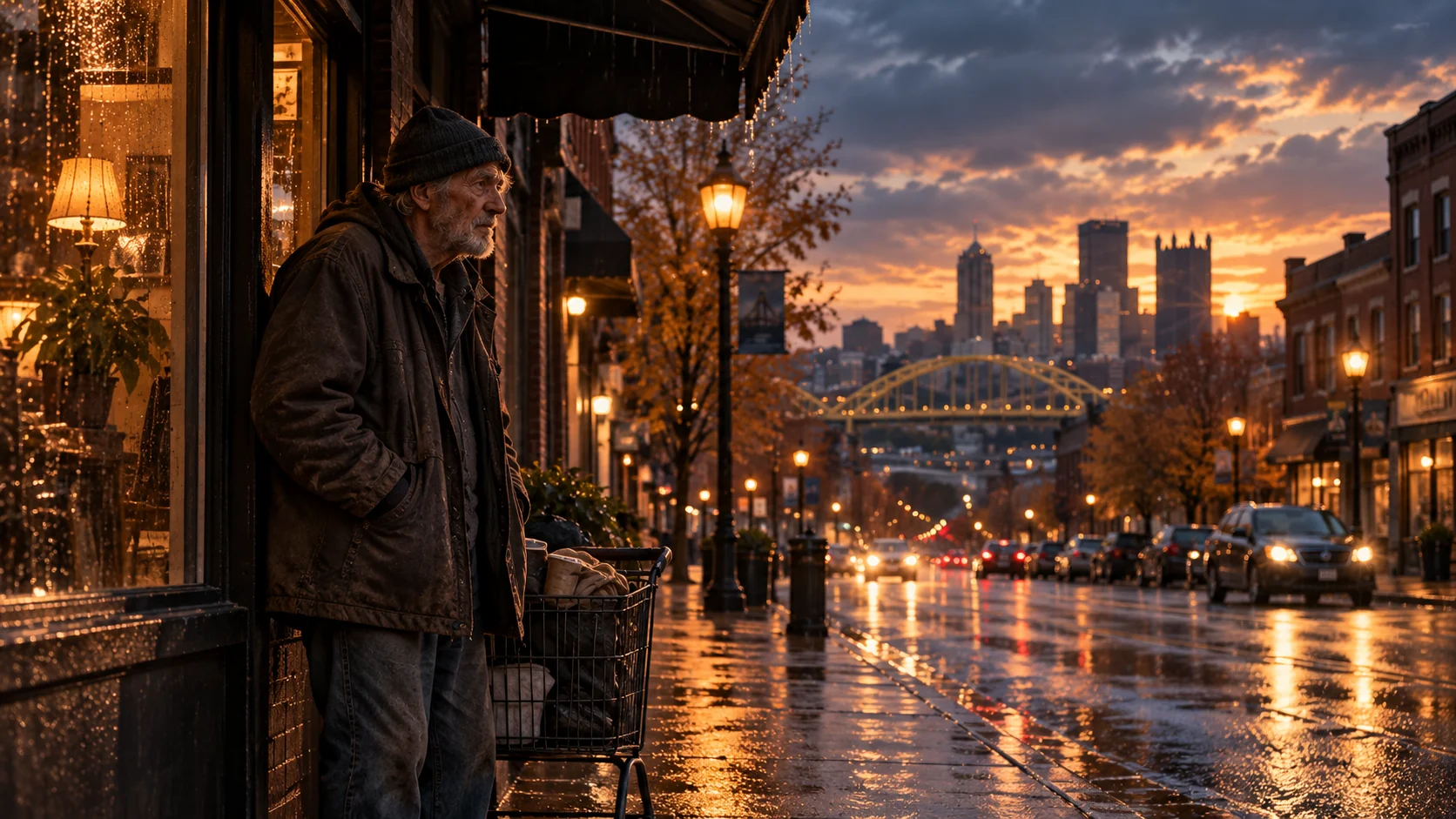 Regennasser Straßenzug in Pittsburgh